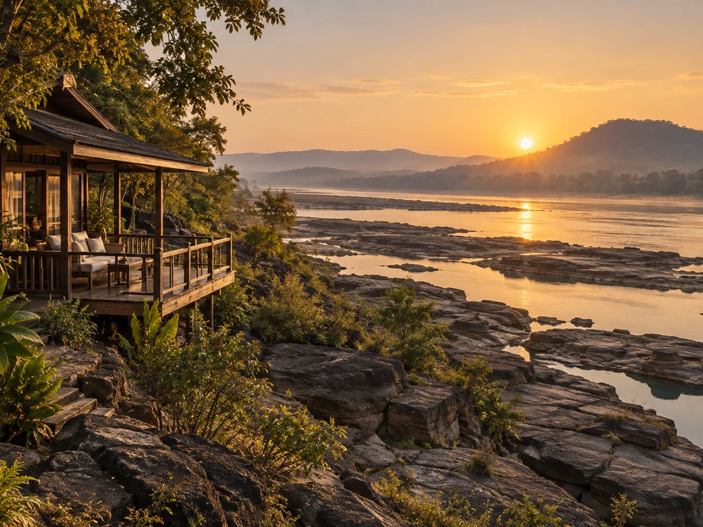 ที่พักไม้ริมแม่น้ำโขงฝั่งอุบลราชธานี มีโขดหินทรายโผล่ช่วงน้ำลดและแนวเขาฝั่งลาว ตัวอย่างการดูฮวงจุ้ยรีสอร์ทริมน้ำ