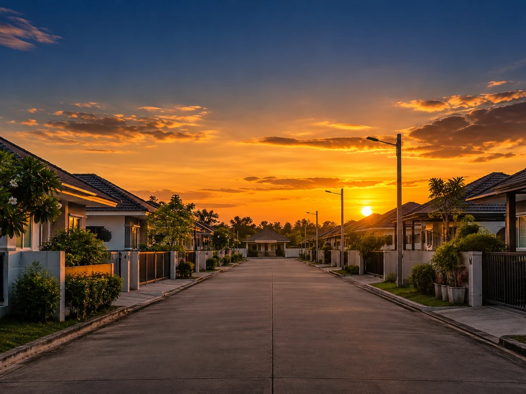 บ้านจัดสรรชั้นเดียวในโครงการชานเมืองอุบล ฝั่งวารินชำราบ ถนนในหมู่บ้านตรงยาวพุ่งเข้าหาบ้านหลังปลายแนว