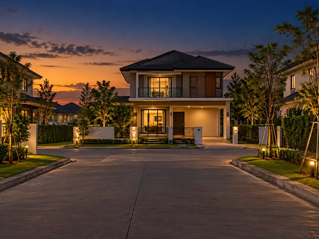 บ้านเดี่ยวสองชั้นในโครงการบ้านจัดสรรชานเมืองอุดรธานี ตั้งอยู่ปลายถนนที่พุ่งเข้าหาบ้าน ตัวอย่างทางสามแพร่งที่ควรดูก่อนซื้อบ้าน