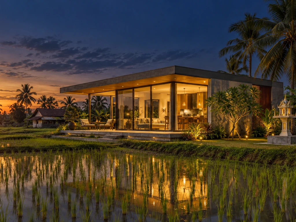บ้านชั้นเดียวสไตล์โมเดิร์นผนังกระจกกว้างกลางหมู่บ้านในชนบทอุดรธานี รายล้อมด้วยทุ่งนา ตัวอย่างบ้านครอบครัวไทย–ต่างชาติที่ควรดูฮวงจุ้ยก่อนเข้าอยู่