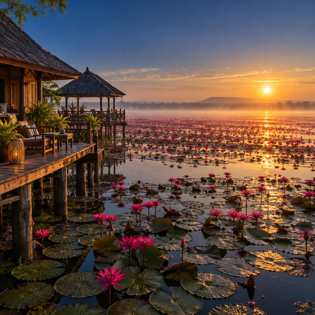 ศาลาไม้และที่พักริมหนองหานกุมภวาปียามเช้า มองเห็นทะเลบัวแดงบานเต็มผืนน้ำ ตัวอย่างการดูฮวงจุ้ยโฮมสเตย์และร้านริมน้ำในอุดรธานี