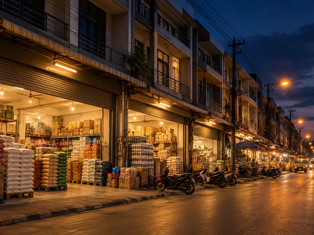 แถวตึกแถวร้านค้าส่งในย่านการค้าเมืองอุดรธานียามเย็น หน้าร้านเปิดกว้างรับลูกค้า ตัวอย่างการจัดฮวงจุ้ยตึกแถวและร้านค้า