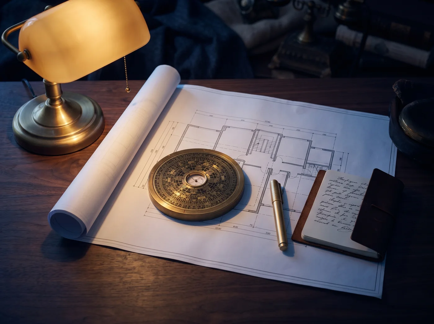 Floor plan review with luopan compass on a wooden desk