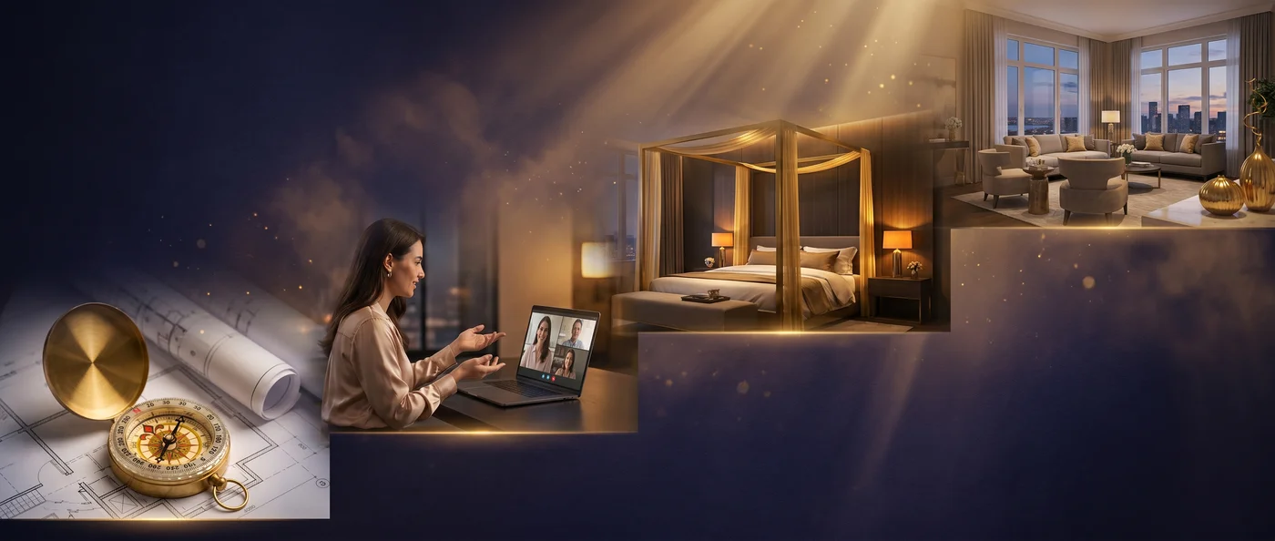 Ladder of four feng shui service scenes ascending with warm gold light