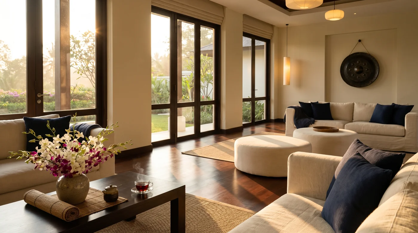 Luxurious Thai home interior at sunrise evoking a calm 90-day future